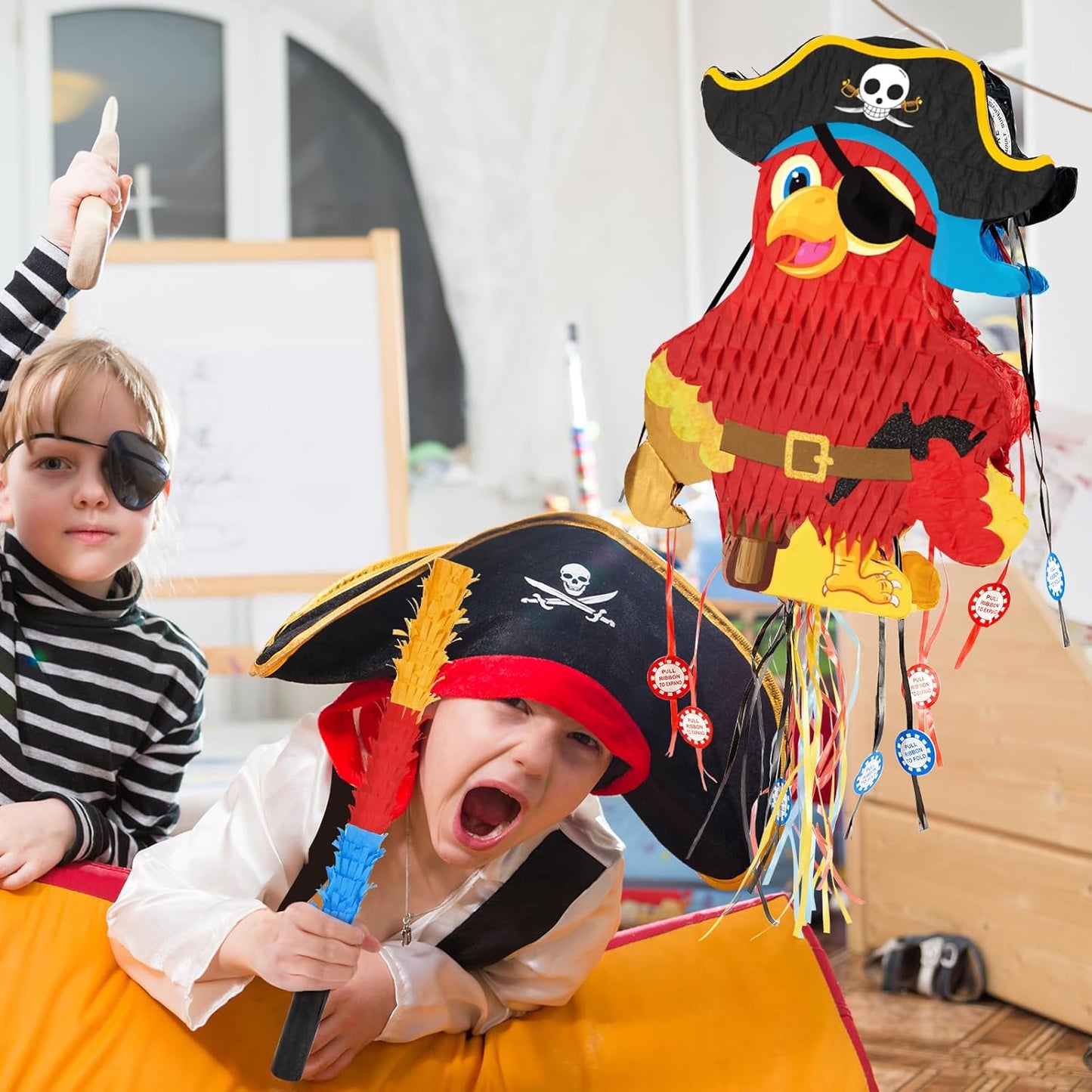 WERNNSAI Foldable Pirate Pinata - Extendable Pirate Parrot Pinata with Blindfold Bat and Tassels for Boys Pirate Birthday Party Supplies Caribbean Piñata Adventure Party Decorations 16.4” x 12.4”