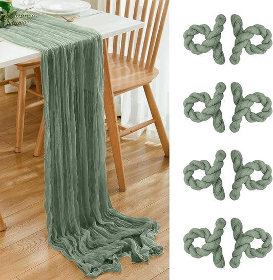 8 Pack 10Ft Sage Green Cheesecloth Table Runner 35x120 inch Boho Gauze Cheese ClothsTable Runners Long Wrinkled Sheer Romantic Table Runner for Wedding Bridal Shower Birthday Party Table Decor