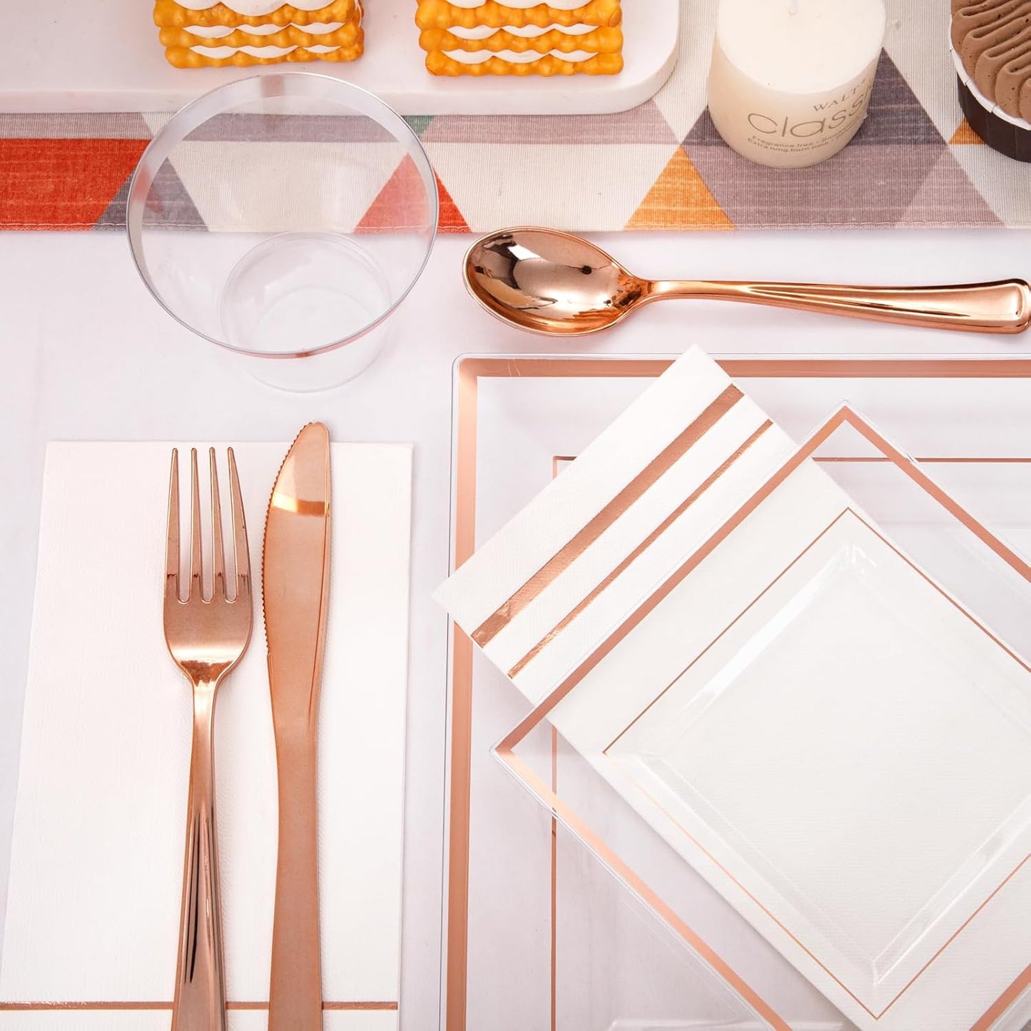 Festiva 350Pcs Rose Gold Plastic Plates - Clear Rose Gold Disposable Dinnerware Sets for 50Guests include 100 Plates 50 Cups 50Plastic Cutlery 50Napkins Perfect for Party&Wedding&Mother's Day
