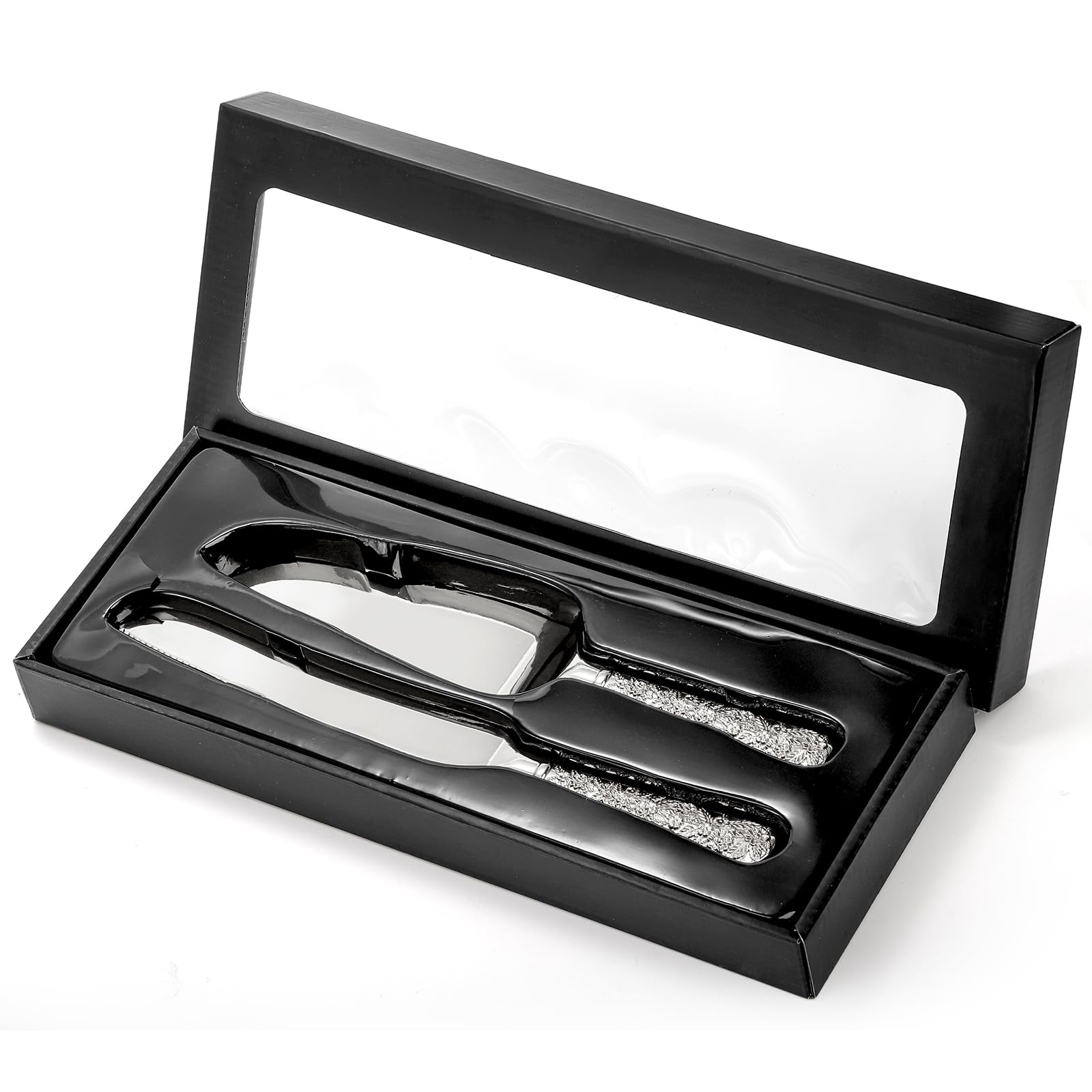 Dicunoy 2 PCS Wedding Cake Knife and Server Set, Silver Cake Cutting Set, Vintage Engraved Cake