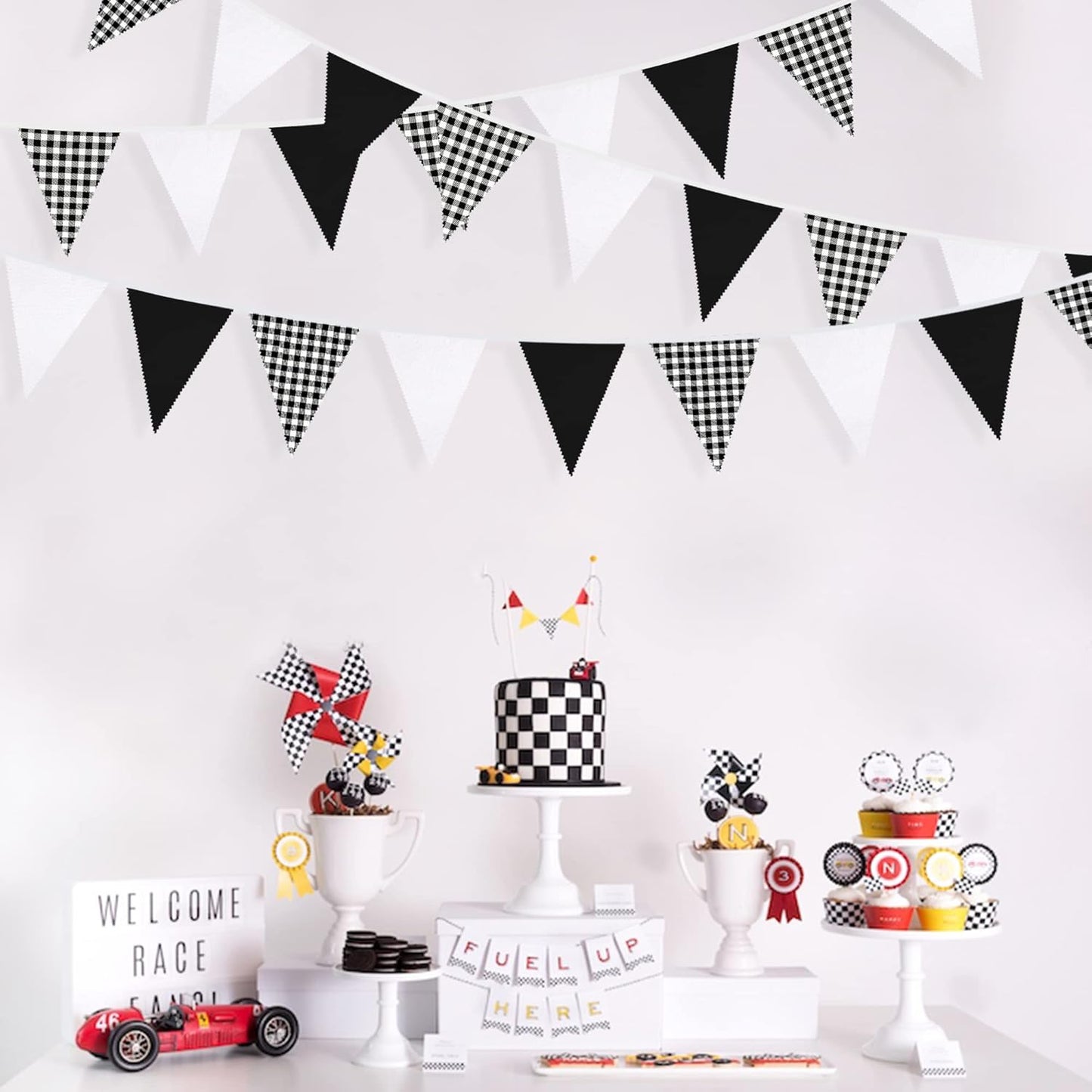 32Ft Black Party Decorations Black Buffalo Plaid Checkered White Triangle Flag Gingham Pennant Bunting Fabric Garland for Racing Car Party BBQ Birthday Wedding Carnival Picnic Outdoor Home Decor