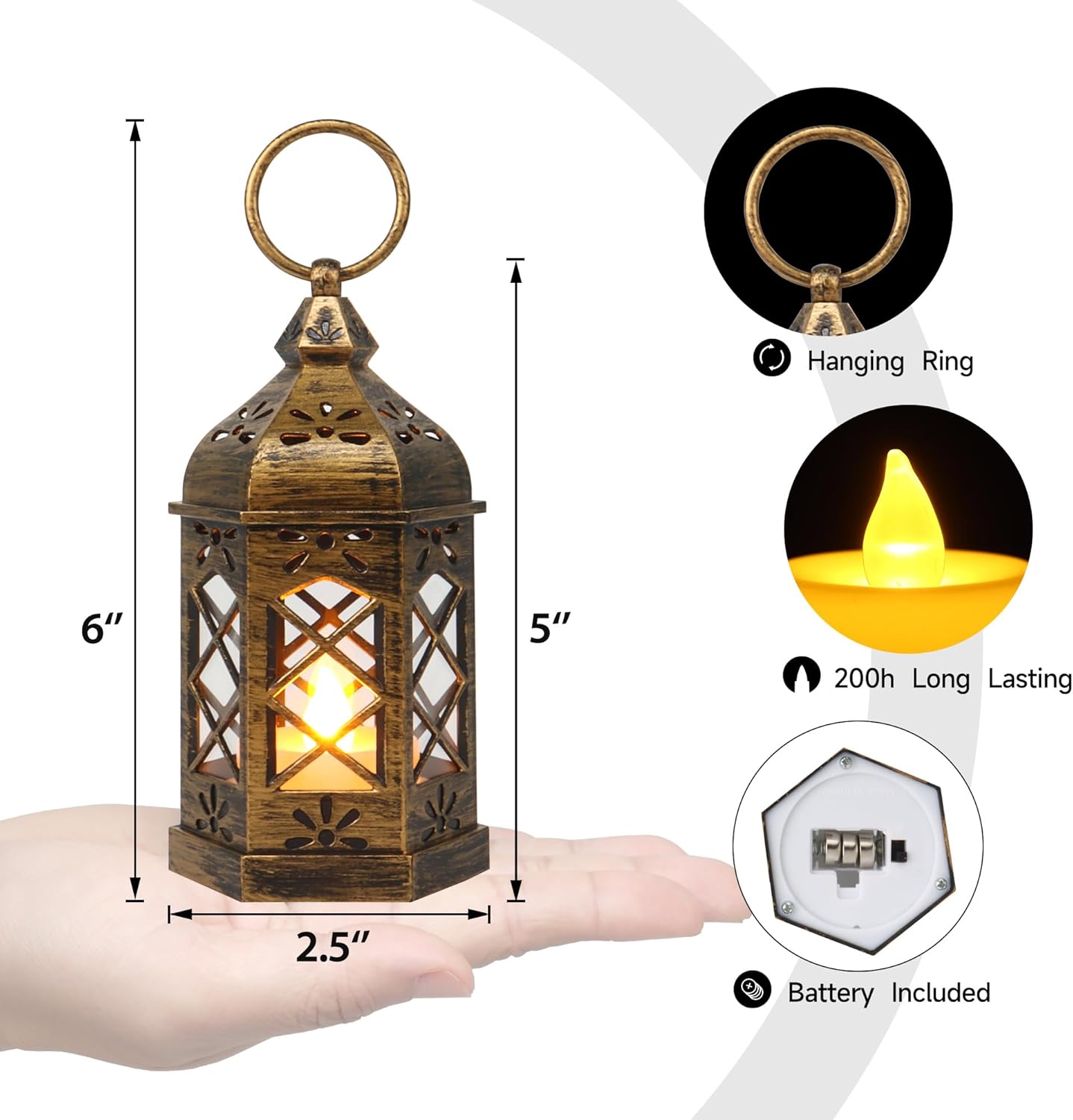 Mini Lantern with Flickering LED Candles for Halloween, LLQ (8Pack-5Inch) Vintage Decorative Candle Lanterns for Christmas Wedding Party Baby Shower Table Centerpiece, Xmas Tree Hanging Ornaments