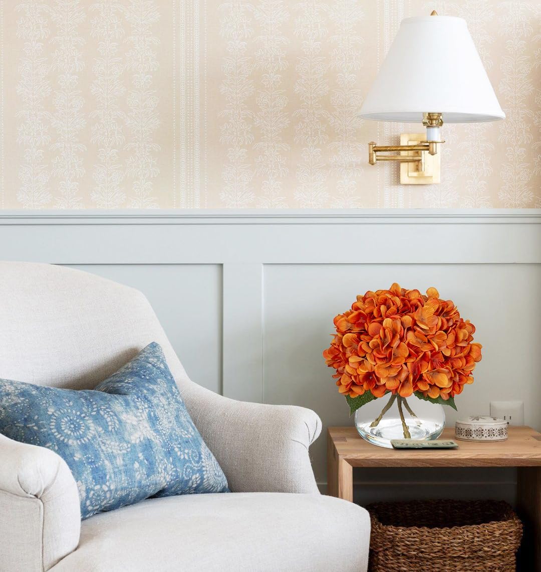 Hollyone Orange Fall Hydrangea Artificial Flowers for Decoration with Vase Silk Fake Flowers Arrangements in Glass Vase with Faux Water Autumn Festival Table Centerpiece Fall Decorations for Home