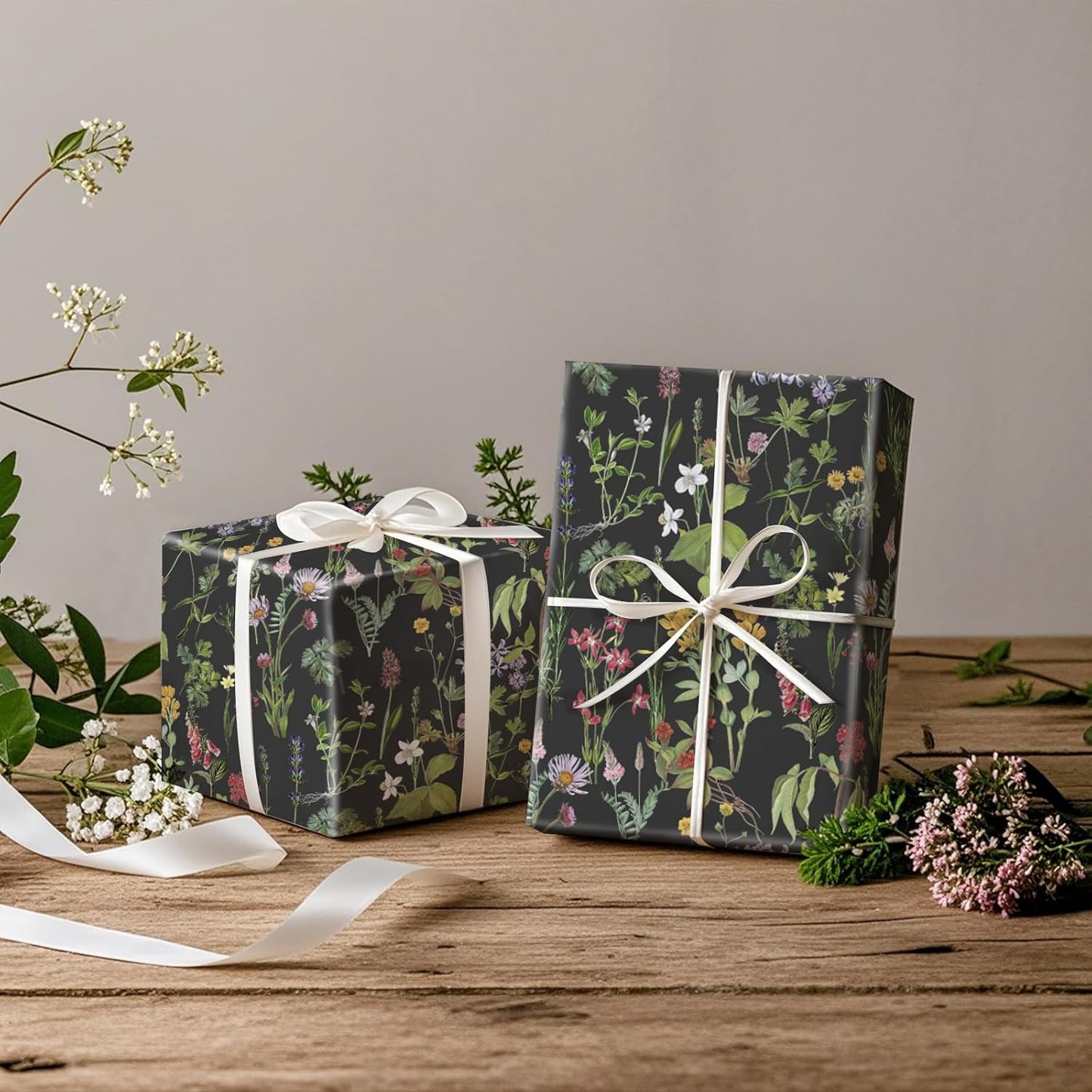 RUSPEPA Wild Flower Wrapping Paper Roll for Women Girls, Mini Roll, Elegant Black Floral Design Gift Wrap Paper Perfect for Birthday, Bridal Shower, Spring, Wedding, Mother's Day, 17 Inch x 16.4 Feet