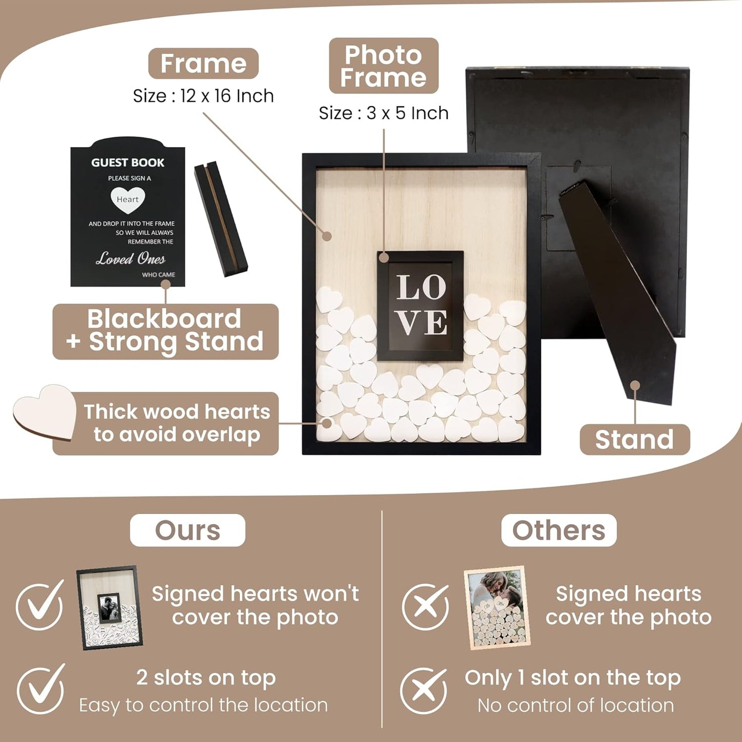 Wedding Guest Book Alternative, Registry Item,12x16 Picture Frame, 70 Pcs Welcome Sign, Gift, White Hearts, Baby Shower Registry, Anniversary, Funeral, Memories (Black)