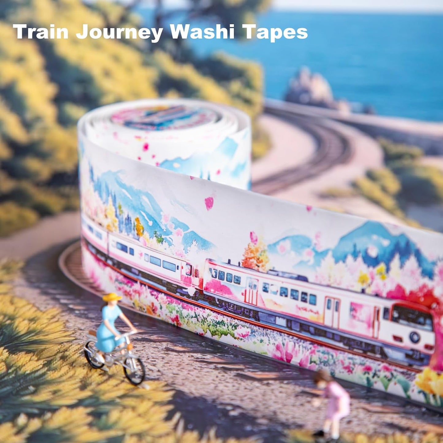 Train Scenery Washi Tape Set ??6 Rolls Travel & Nature Inspired with Clip for Scrapbook Journals DIY Crafts Decoration 1.97"x78.7" 39.37in per Loop