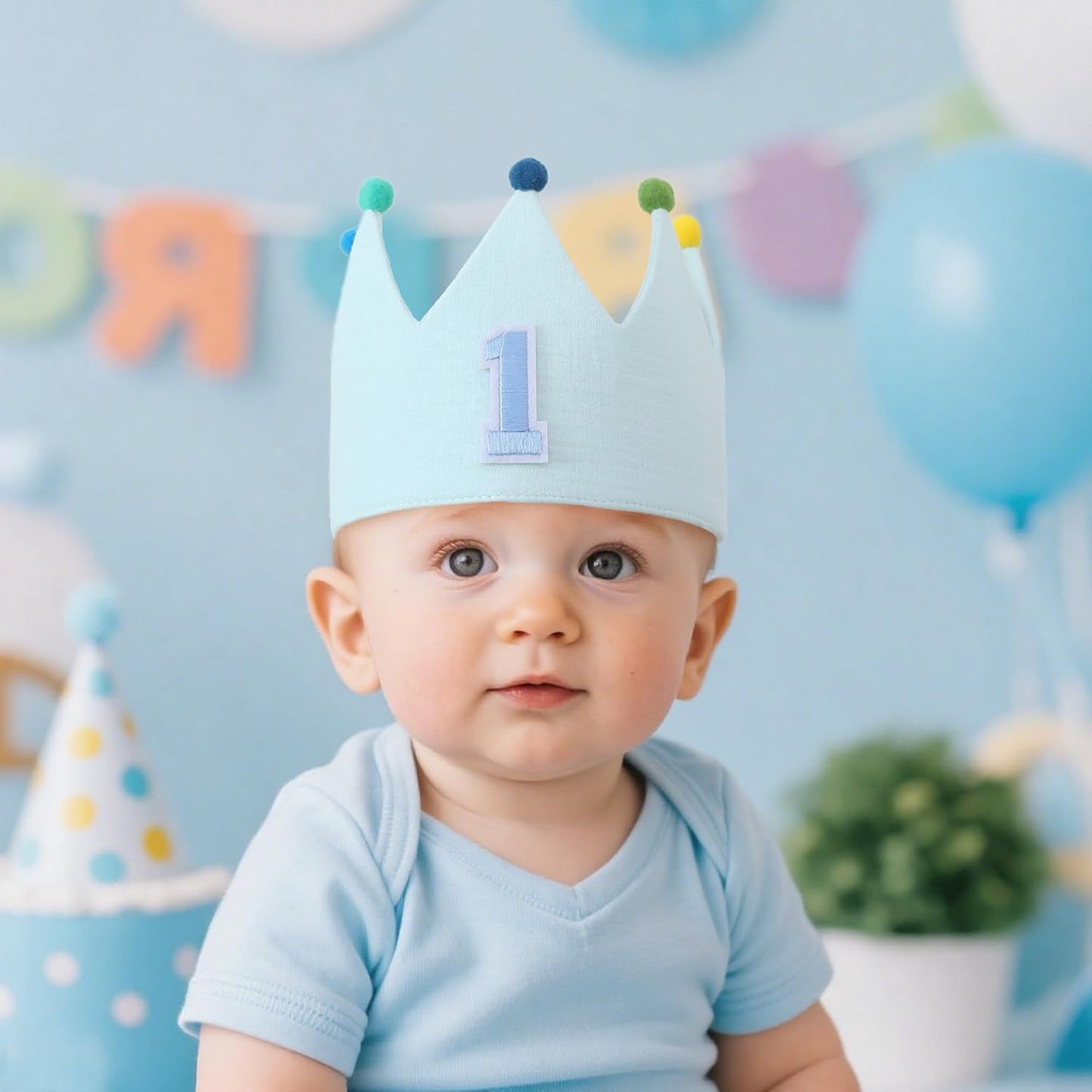 Muslin Crown Hat 1-3 Birthday For Baby Boy Girl Party Decoration Blue Pink Headband