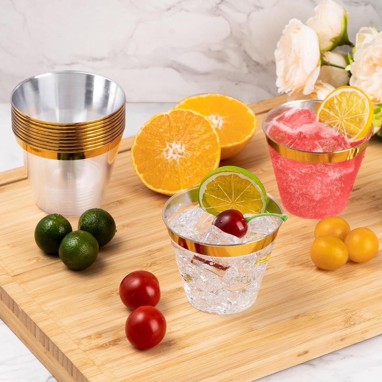 Goodluck 50PCS 9oz Gold Disposable Cups, Plastic Cups with Gold Rim, Cocktail Cups for Wedding, Party and Birthday