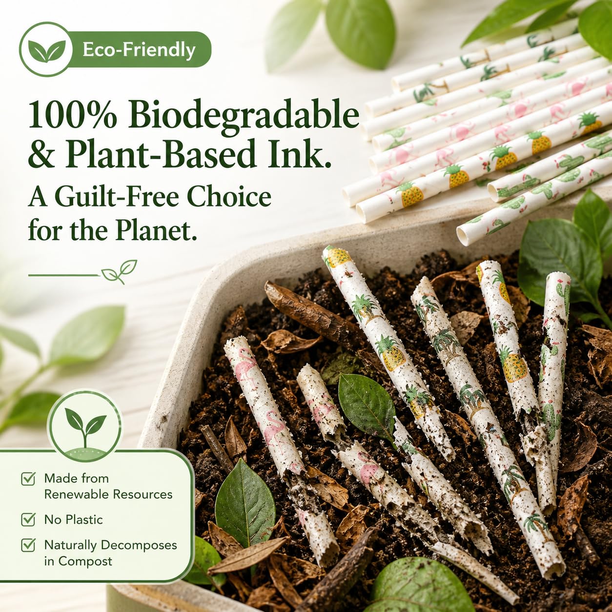 ALINK 100 Pack Tropical Paper Straws - 7.75" Biodegradable Hawaii Party Straws with Flamingo