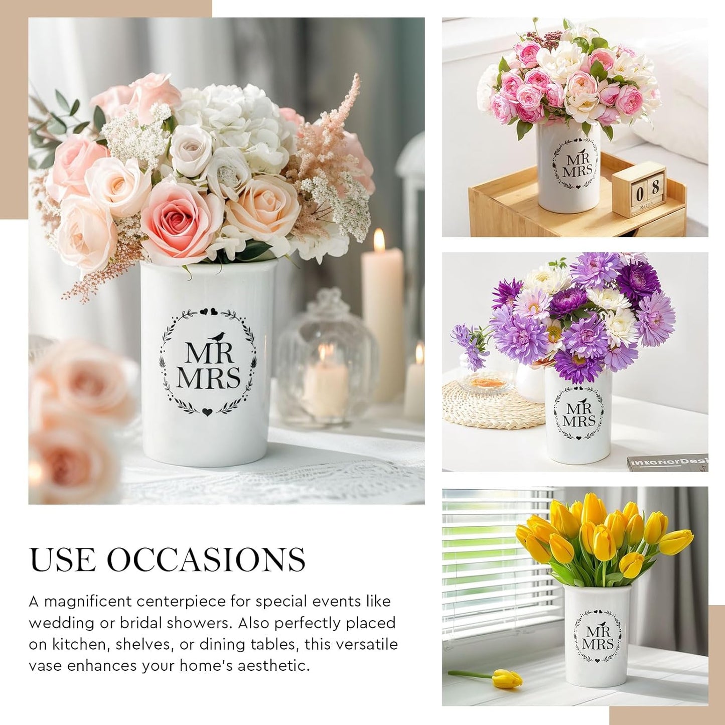 AW Bridal Mr and Mrs Wedding Vase Decorations, Bridal Shower Gifts for Bride, Wedding Table Decorations for Women Friends, Anniversary Engagement Gifts for Couples and Newly Engaged