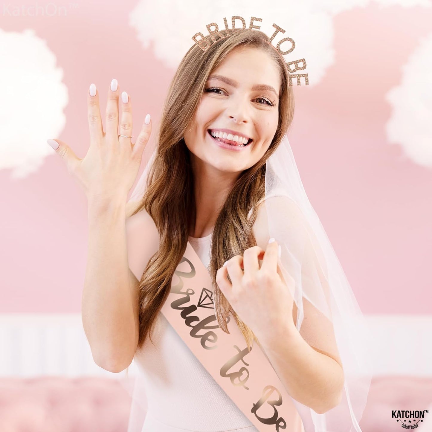 KatchOn, Rose Gold Bride to be Sash and Headband - Pack of 2 | Bride Sash and Tiara for Bachelorette Party Decorations | bride To Be sash and Crown | Bridal Shower Decorations