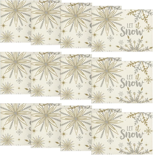 Artoid Mode Beige Snowflake Let It Snow Winter Placemats Set of 12, 12x18 Inch Seasonal Christmas Table Mats for Party Kitchen Dining Decoration