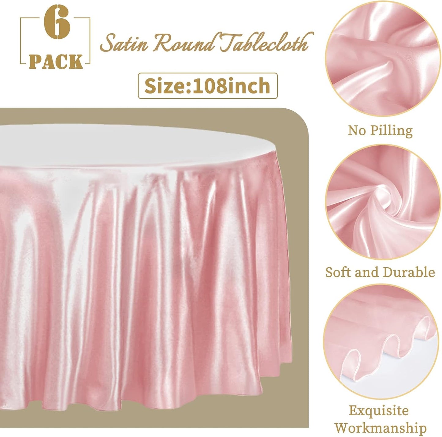 fani 6 Pack 108 Inch Rose Gold Round Tablecloth - Premium Silky Satin Tablecloth Overlay Smooth Fabric Table Cover Linens, Table Decoration for Wedding Party Banquet Events Restaurant Kitchen Dining