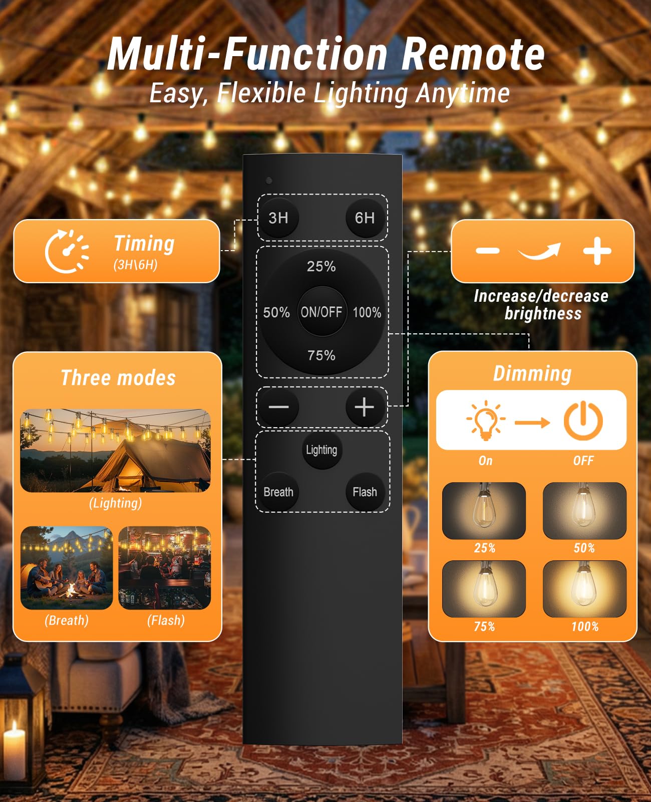 Tenmiro 200FT LED Outdoor String Lights with Remote, 72+2 Shatterproof Bulbs Dimmable Timing 3