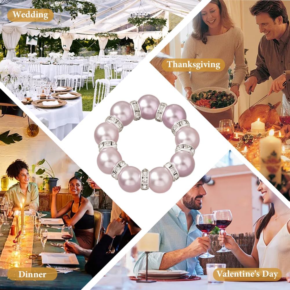 20Pcs Pearl Napkin Rings, Pink Beaded White Silver Round Buckles, Set of 6, Wedding and Formal Dinner Table Decor (20, Pink)