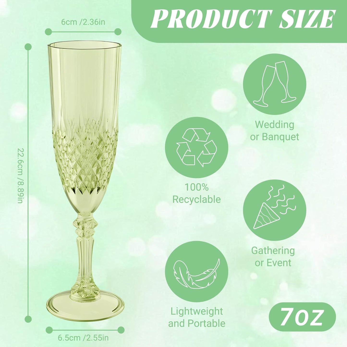Plastic Champagne Flutes, 24PCS Green Wine Glasses Goblets Cups Reusable Flute, for Weddings Bachelor Parties Toasting and Events(24, Green)