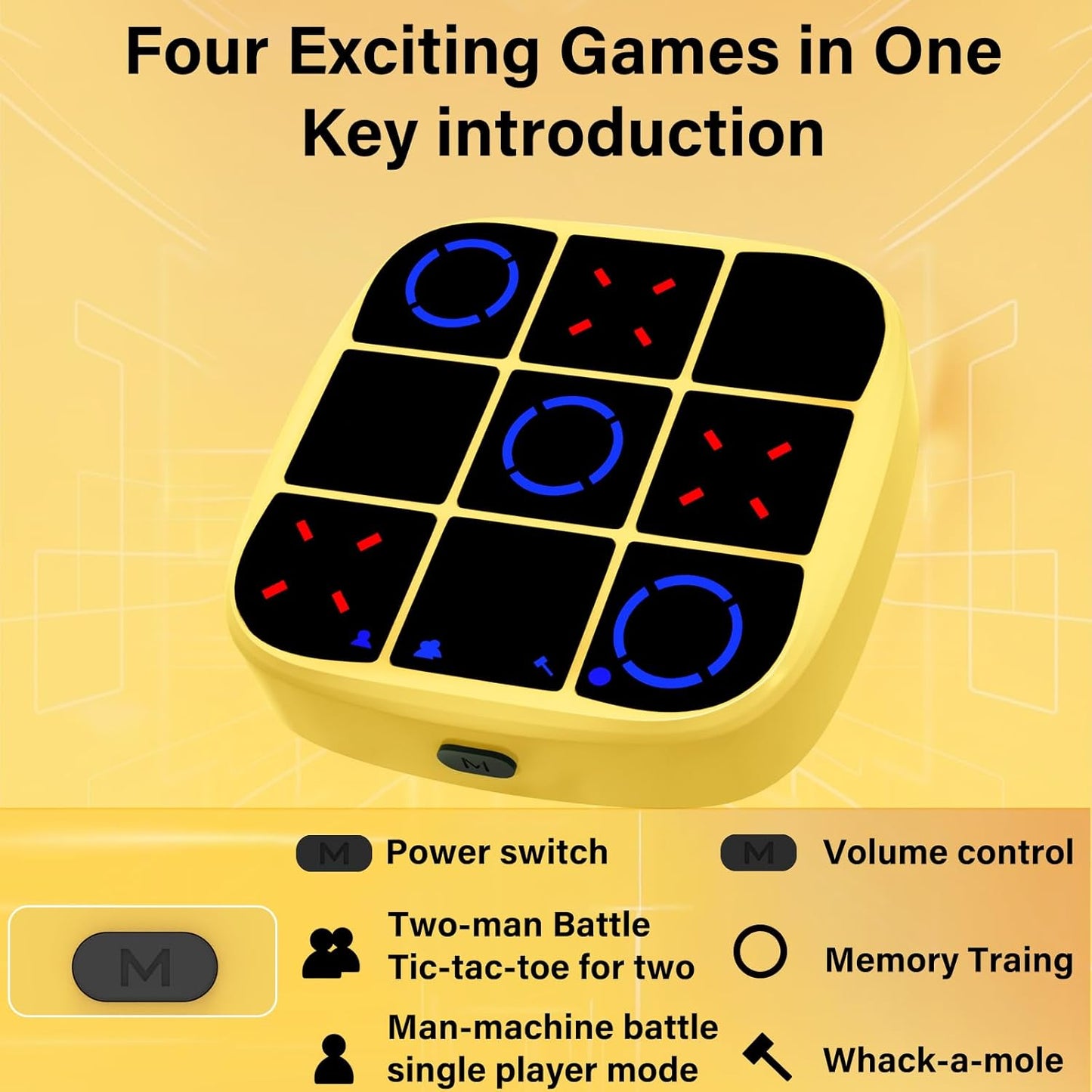Tic-Tac-Toe Bolt Game, 4-in-1 Handheld Puzzle Games Console, Electronic Tic-Tac-Toe Game for Educational and Memory Growth, Portable Travel Games for Car Ride, Board Games for Kids and Adults (Yellow)