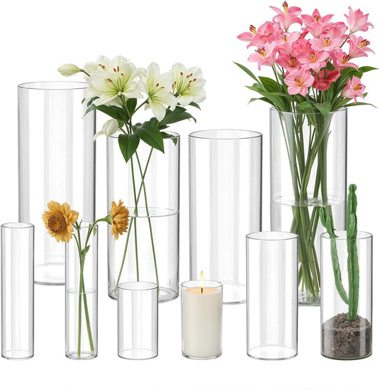 10 Pack Glass Cylinder Vase for Centerpieces, Clear Flower Glass Vases for Wedding Decorations, Hurricane Floating Candle, Holder for Table Centerpiece Wedding Home Décor