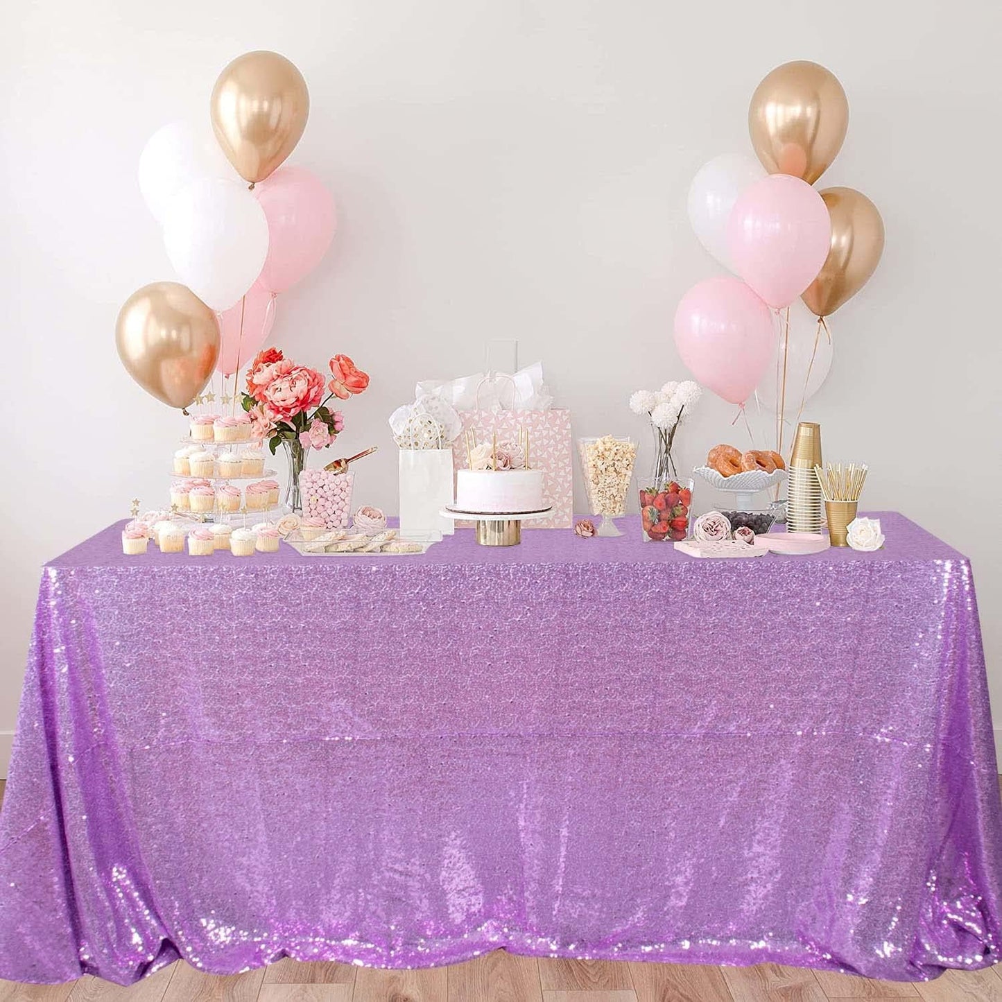ShinyBeauty Lavender Table Cloths for Party 2 Packs, 72X72 Inch Sequin Tablecloths Square Shimmer Tablecloth Overlay Lilac Tablecloths Rectangular for Wedding, Birthday Tables