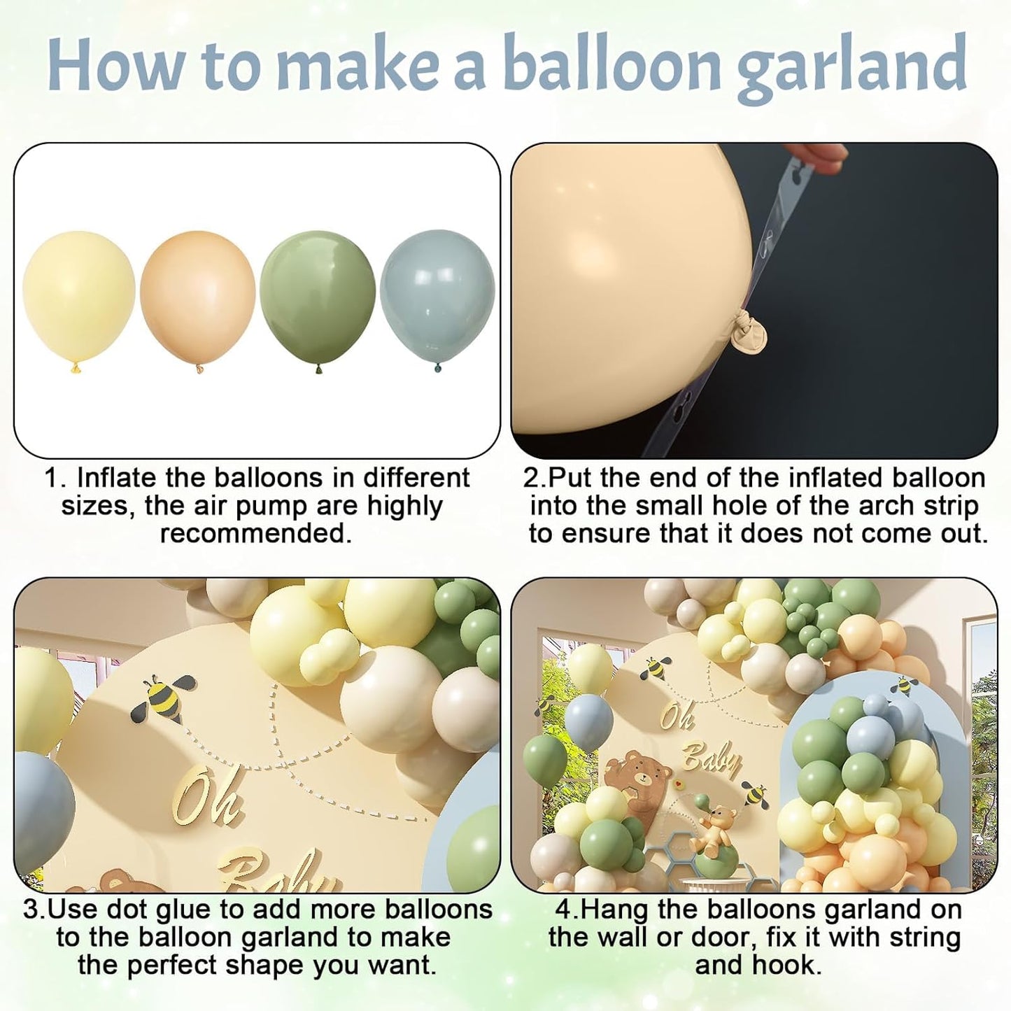 Blue and Green Balloon Arch Kit 115Pcs Dusty Blue Sage Green Balloons Garland Slate Yellow Cream Nude Beige White Sand Birthday Party Balloons for Boys Bear Bee Honeycomb Baby Shower Decorations