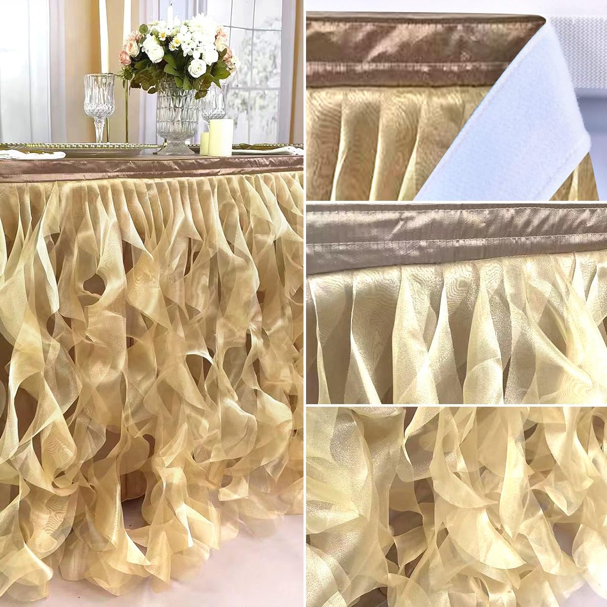 Luxury Organza Mesh Table Skirt Draping Floating Romance - Perfect for Bridal Showers, Birthday Weddings - Clear Flowing Decoration for a Wonderful Main Cake Table (Gold-6ft, 72" L×30" H)