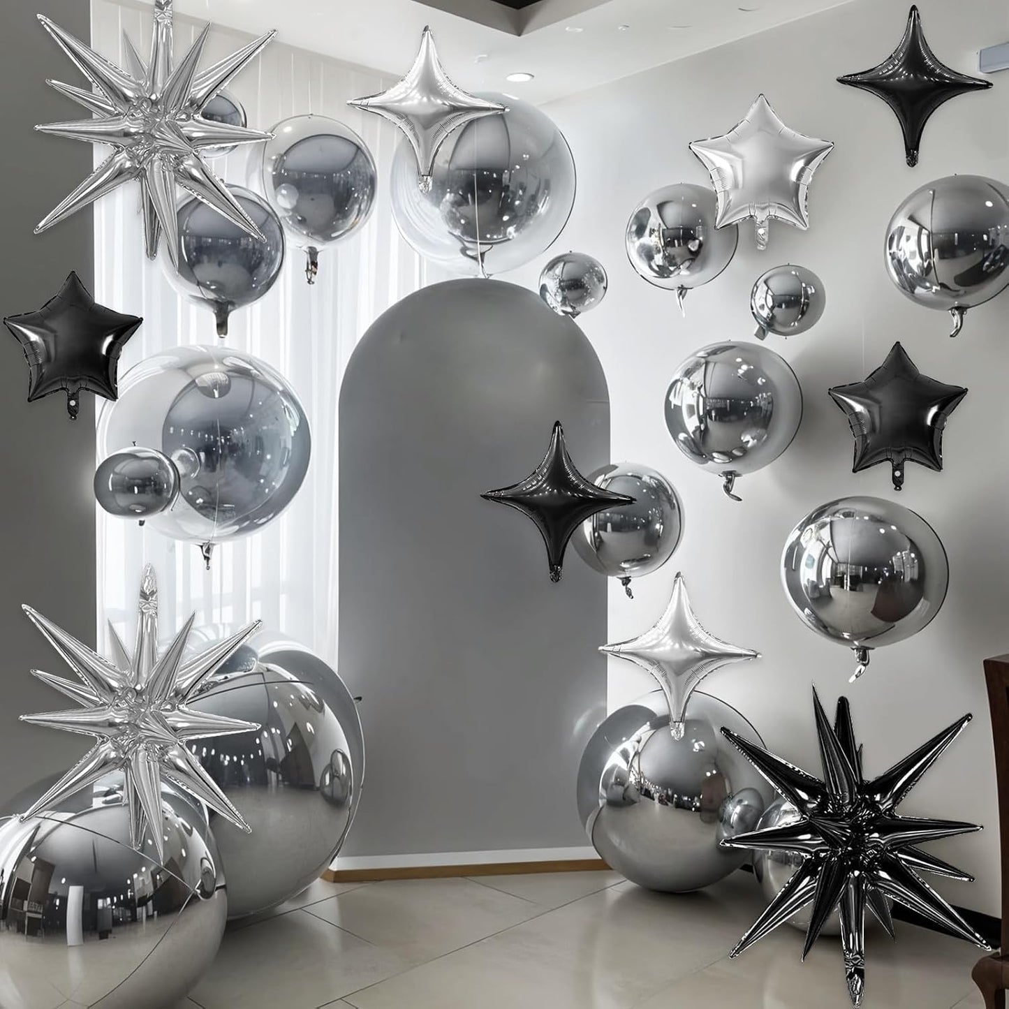Black Silver Star Balloon,16Pcs Star Foil Balloons Set with 22Inch Explosion Spike Cone Balloons and 10Inch Quadrangle Helium Balloon for Birthday Wedding Baby Shower Party Decorations