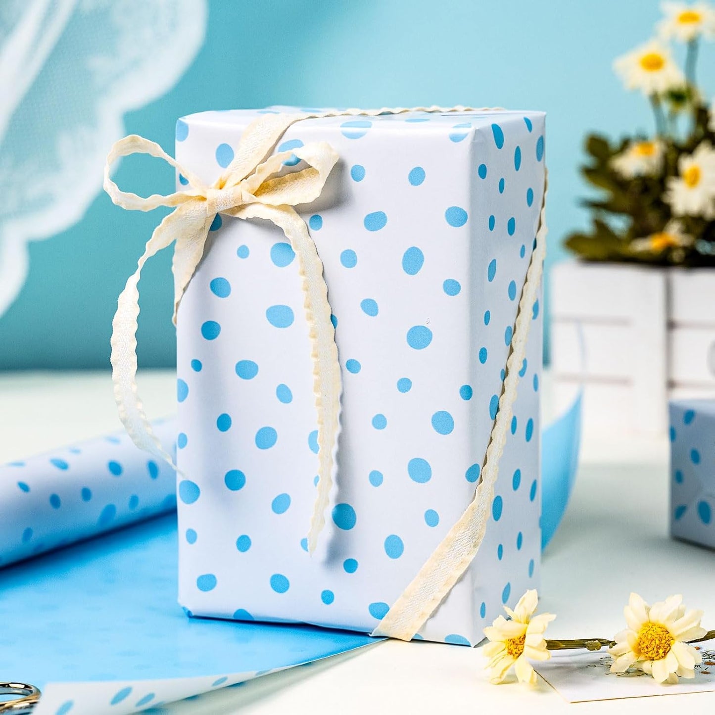 Burymento Blue Lrregular Wave Point Wrapping Paper, Reversible Gold Gift Wrap for Birthday, Valentines, Mothers day, Graduation, Wedding, Fathers day, Baby Shower, Christmas (17in x 16.4ft)