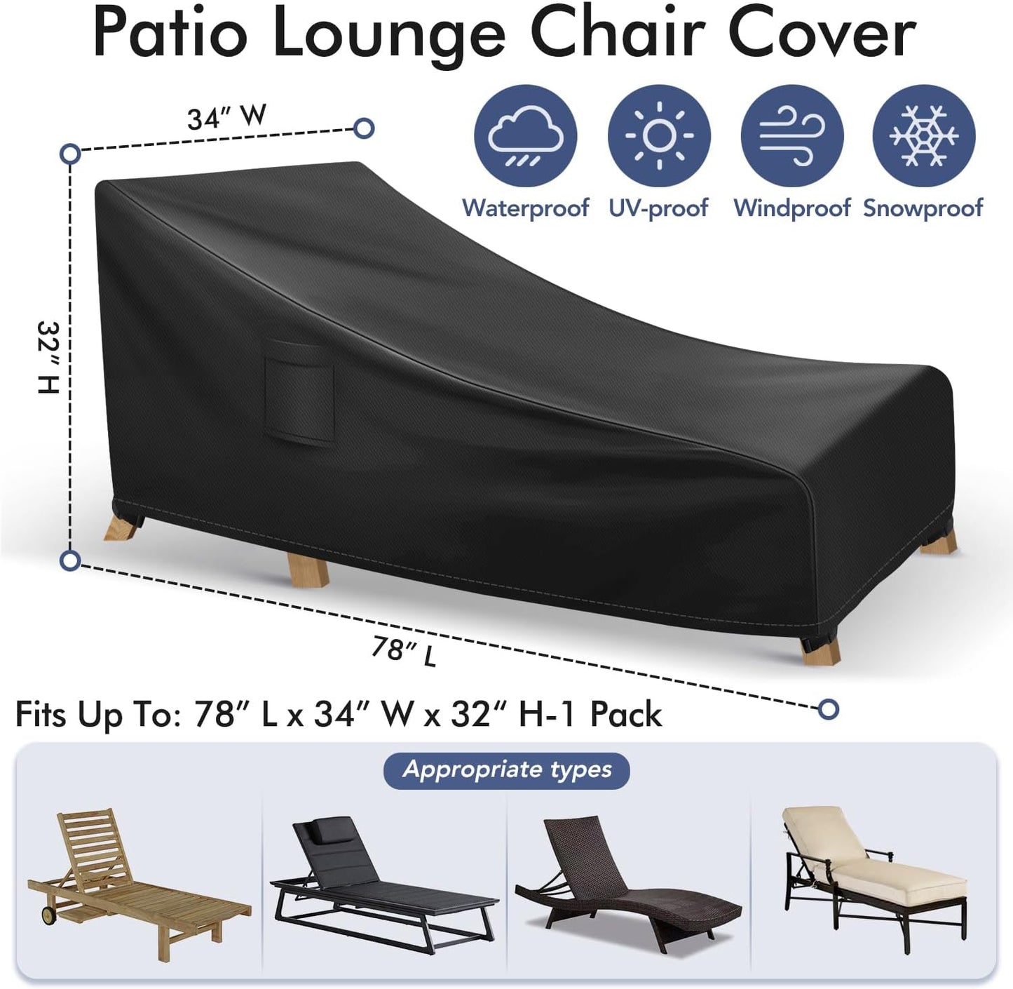 Chaise Lounge Covers Outdoor Waterproof, Heavy Duty Patio Furniture Covers, Fits up to 78L x 34W x 32H inches, 1 Pack, Black