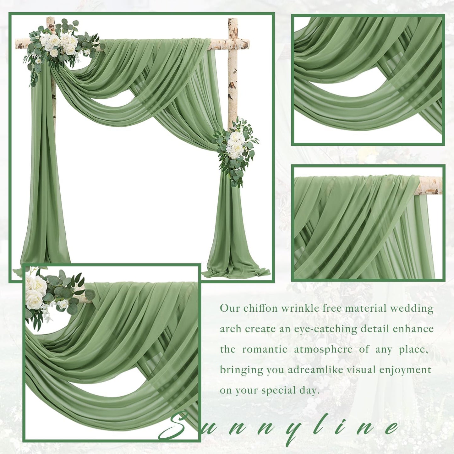 Wedding Arch Draping Fabric 4 Panels 20Ft length x 28" width Sage Green Arch Drapes Chiffon Fabric Sheer Curtains Backdrop for Party Bridal Decorations Wedding Ceremony Ceiling Stage Reception Decor