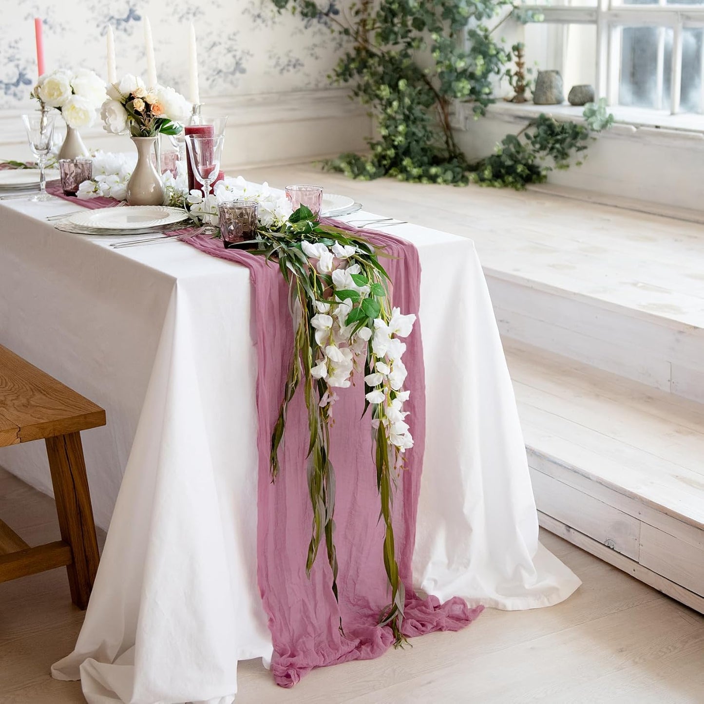 Dusty Pink Table Runner Cheesecloth 141'' Rustic Sheer Gauze Runner Farmhouse Wedding Runner, Cheese Cloth Tablecloth, Gauze Cheese Cloth, Wedding Shower Decorations Rustic Theme Tablecloth