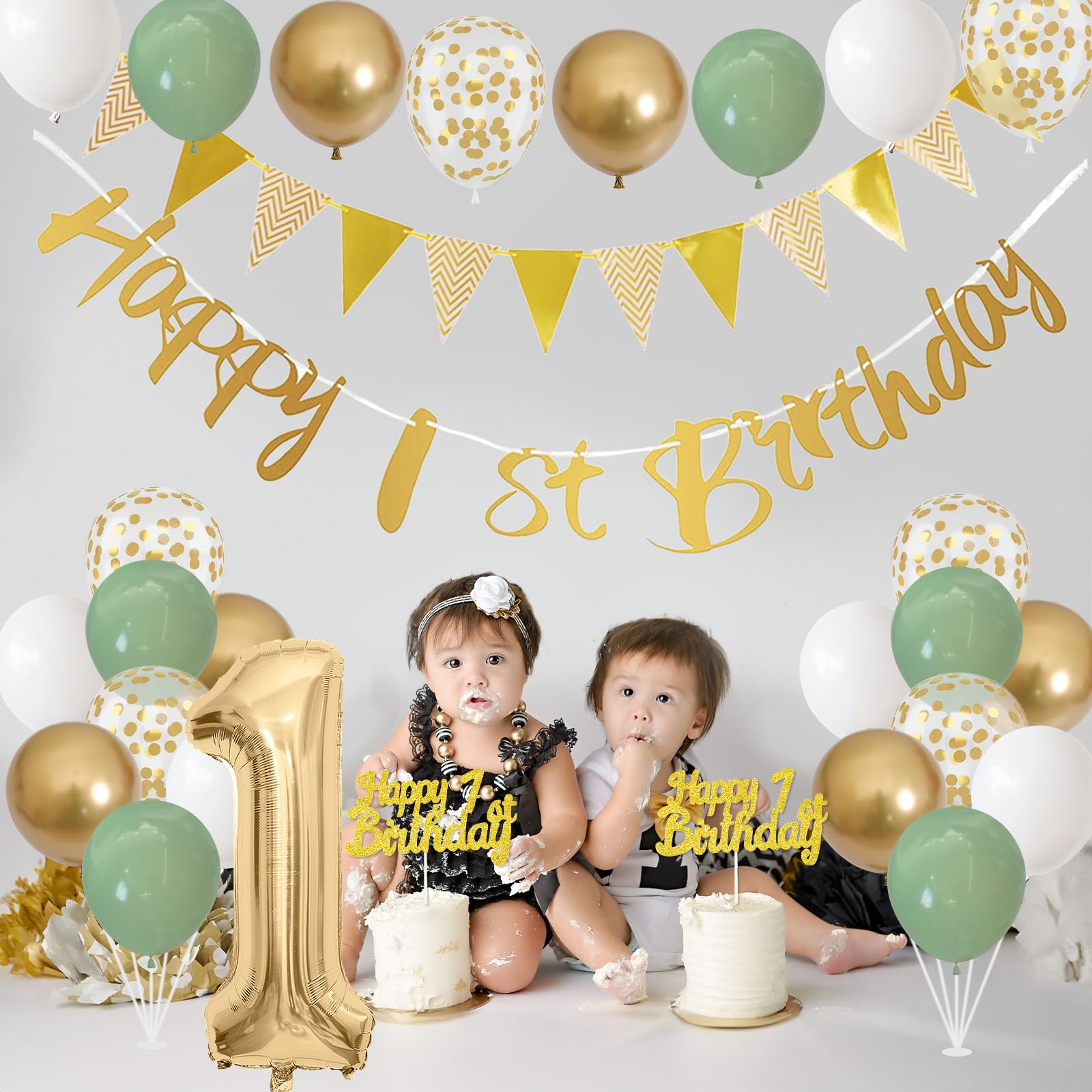 1st Birthday Decorations for Boys Girls, Sage Green White Gold Birthday Balloons with Happy 1st