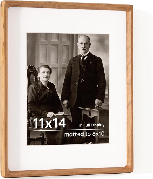 11x14 Picture Frame USA-Sourced Natural Cherry Wood Solid Original Wood Photo Frame Rounded Corner with Mat to 8x10 Picture Display with Real Glass Family Picture, Wedding Picture, Photo, Certificate