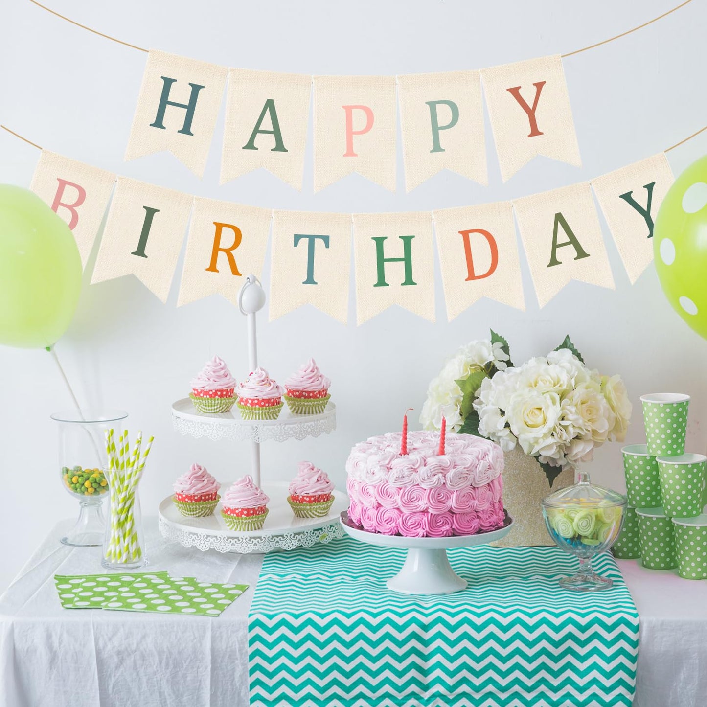 Doumeny Happy Birthday Burlap Banner Boho Birthday Garland Bunting Sage Green Pink Bohemian Party