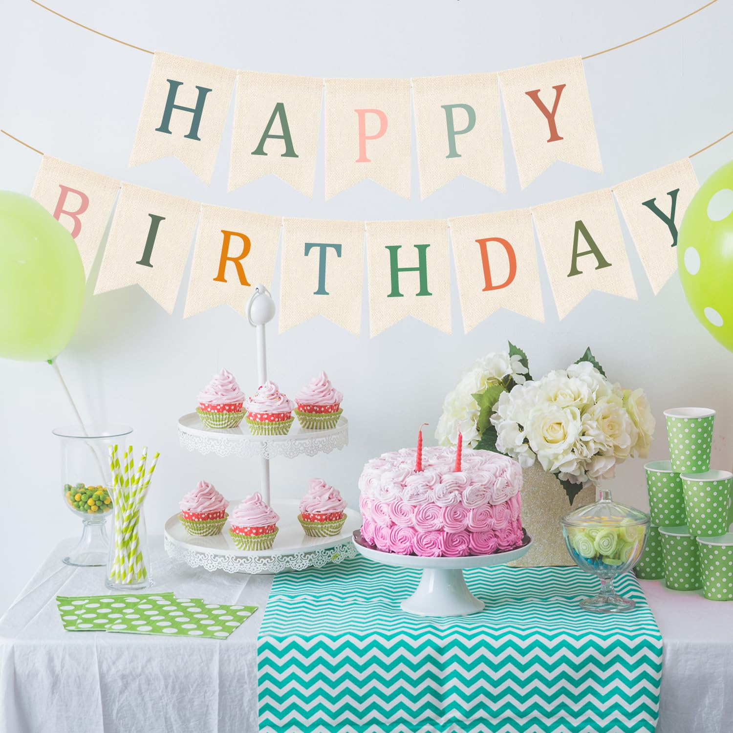 Doumeny Happy Birthday Burlap Banner Boho Birthday Garland Bunting Sage Green Pink Bohemian Party
