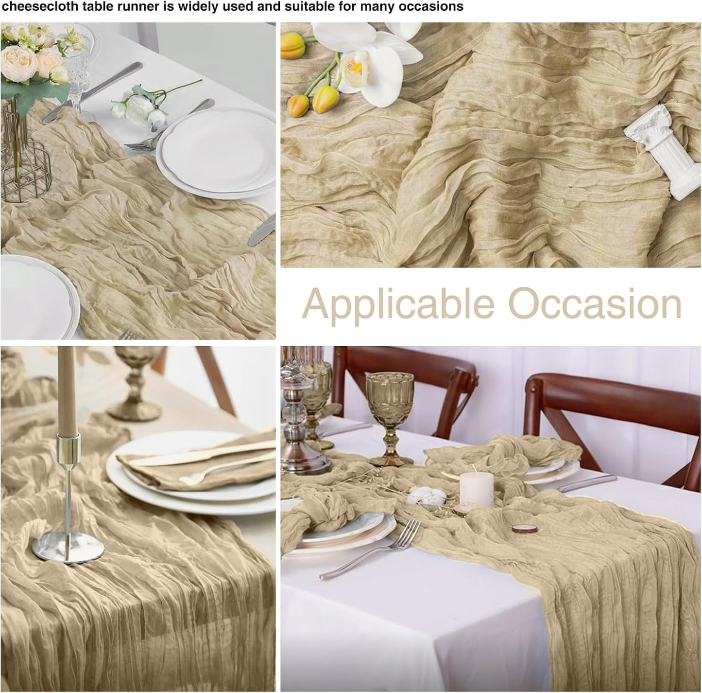 12 Pack Beige 10 Ft Cheesecloth Table Runner 20x121 Inch Boho Wrinkled Sheer Romantic Gauze Decor for Wedding, Bridal Shower, Birthday Party