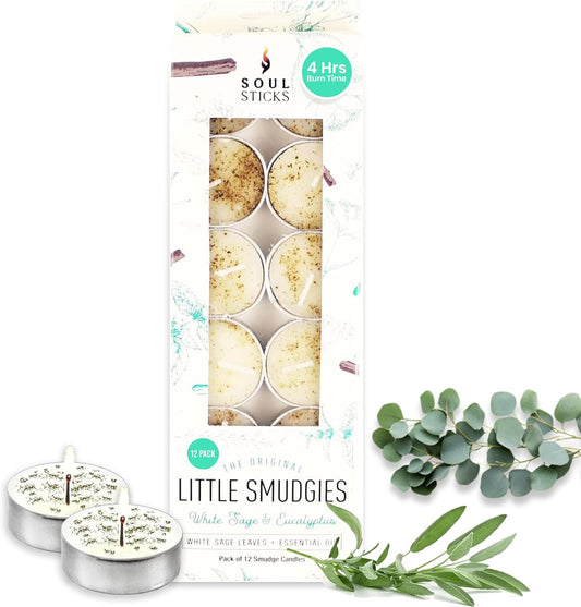 SOUL STICKS 12 Pack Little Smudgies Tealight Candles Smudge Candle for Cleansing House, Meditation, Chakra Healing | Made with Crystals and Herbs (White Sage & Eucalyptus)