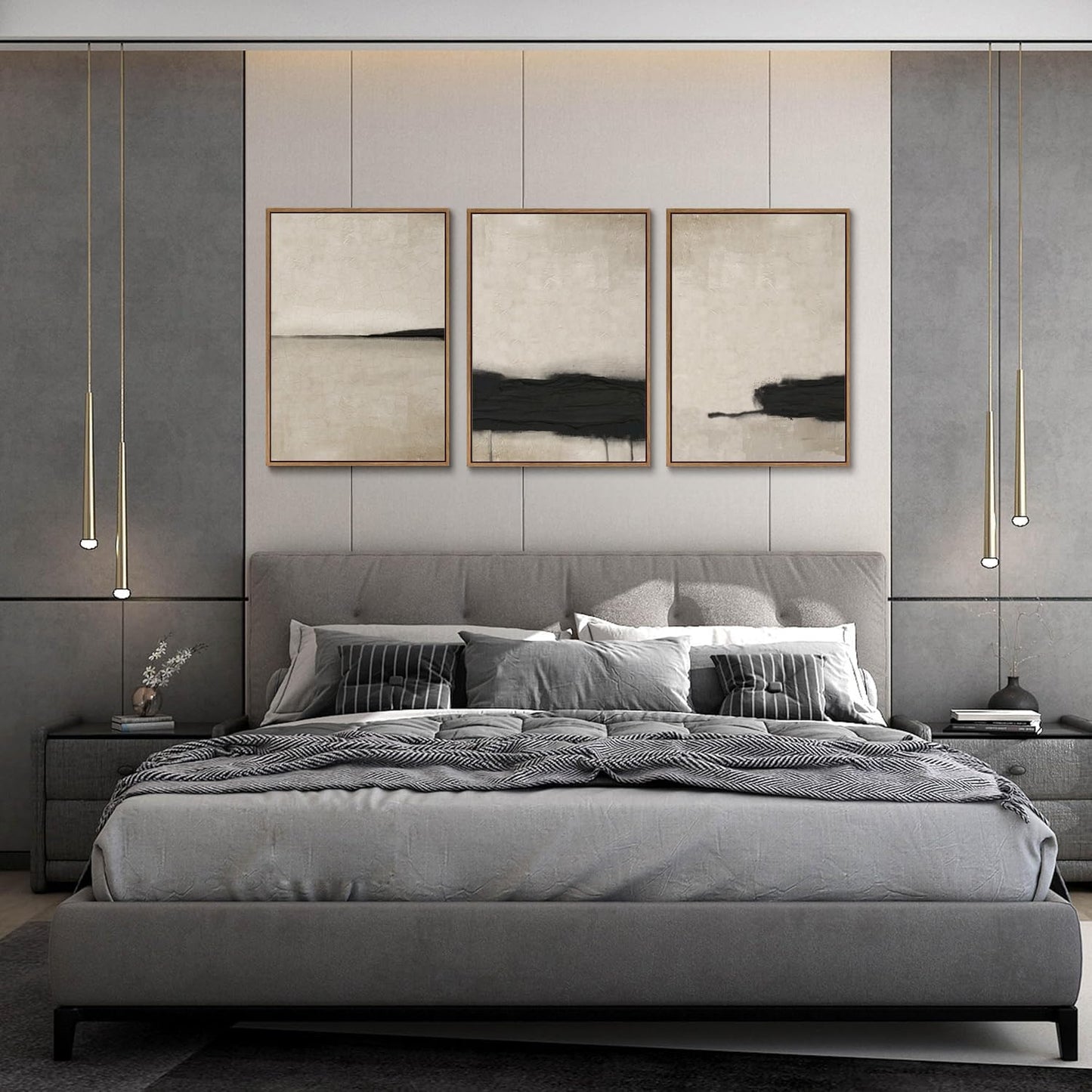 myusuar 3 Piece Large Modern Abstract Canvas Framed Wall Art For Living Room, Black And Beige Vintage Minimalist Wall Art Decor Posters Prints For Bedroom Office 16x24in