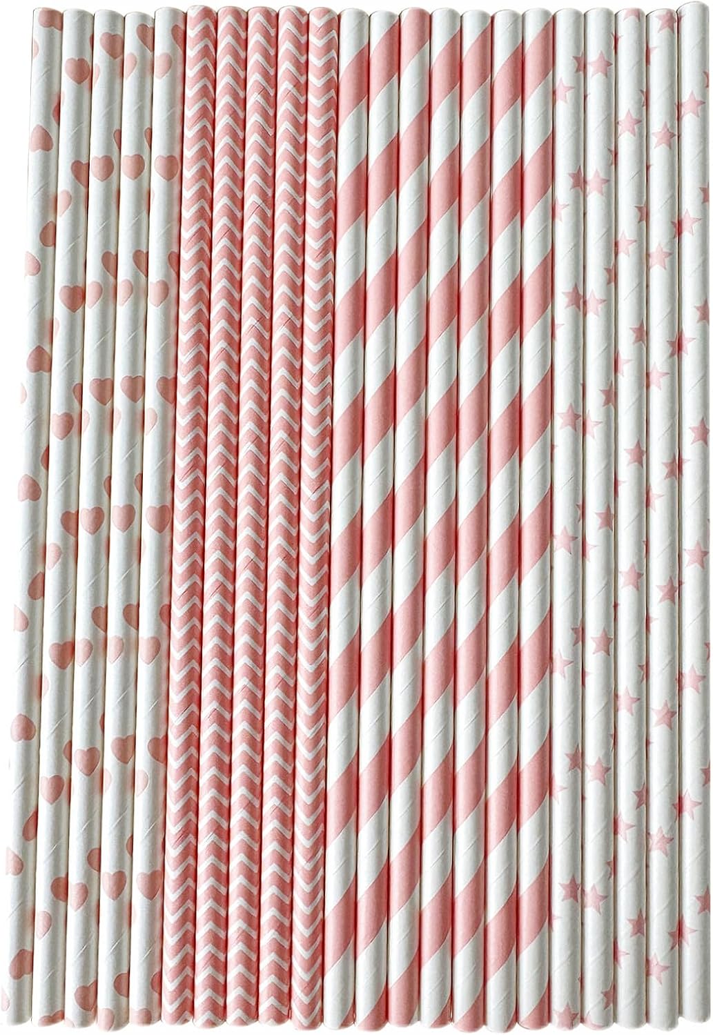 YAOSHENG [100 Pack] Pink & Gold Paper Straws Disposable, 100% Biodegradable Multi-Pattern Party Straws For Birthday, Wedding and Holiday Decoration (Light Powder Series)