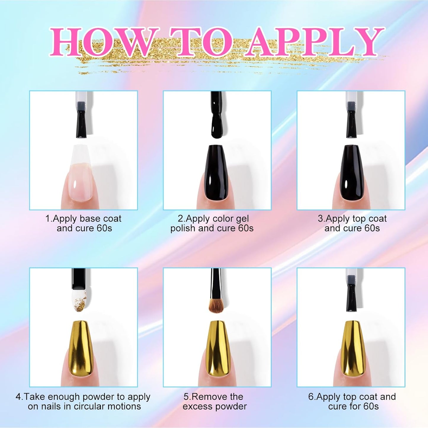 NXJ INFILILA Pearl Chrome Nail Powder Kit, Chrome Pallete for Nails 4 Colors - Gold, Silver, Moonlight White, Iridescent Yellow, Pearl Mermaid Aurora Effect Pigment for Gel Polish, Gift for Women