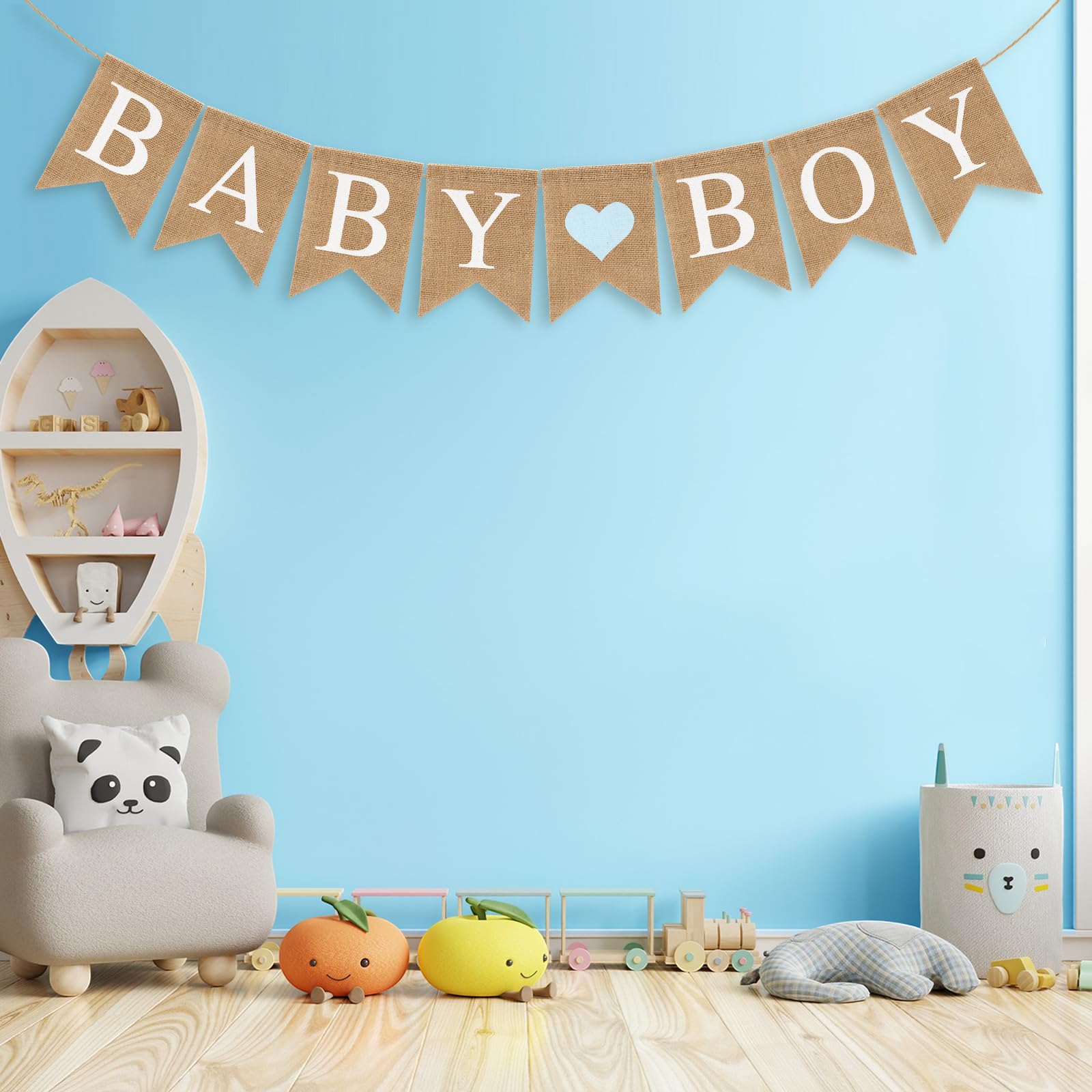 Pre-Strung Baby Boy Burlap Banner, Gender Reveal Banner for Baby Shower Party Decorations (Light