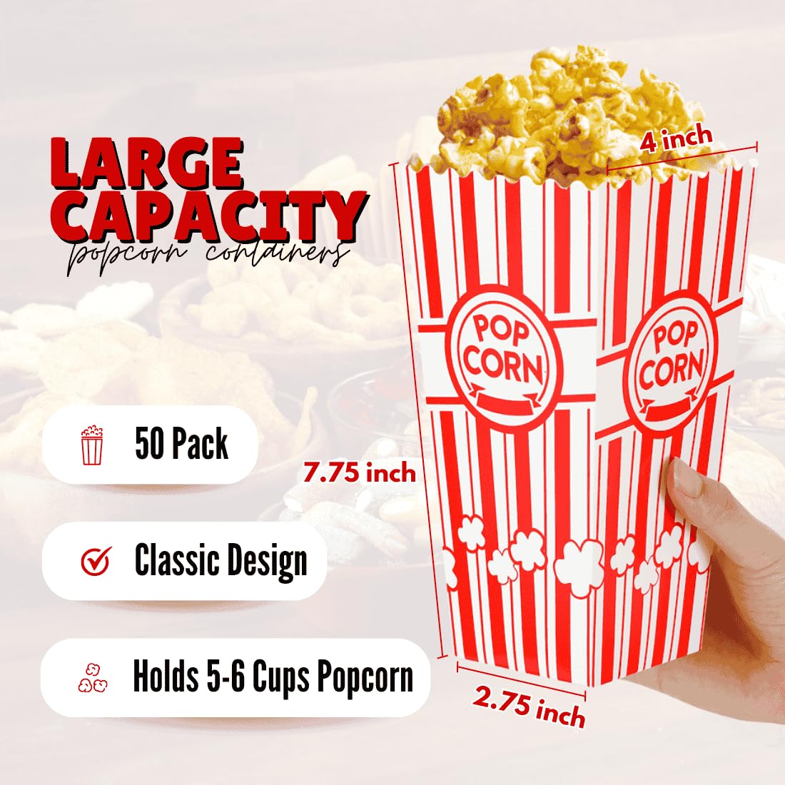 ZEEGO0 50-Pack Popcorn Boxes Bulk, Sturdy and Durable Popcorn Bucket, Large Capacity Containers, Bowl & Cups, Convenient Movie Night Supplies, Perfect for Families, Parties, Carnivals