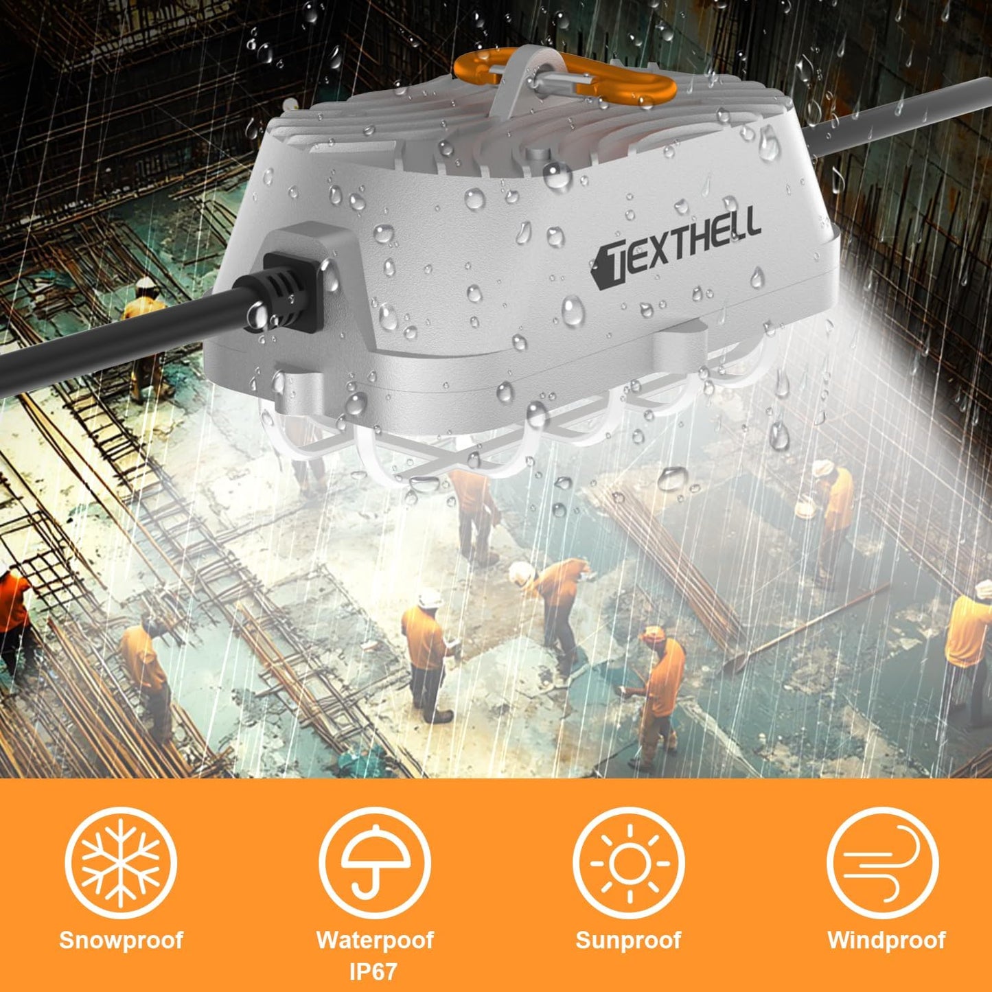 50ft LED Construction String Lights 150W Super Bright 15000LM Work Lights String Connectable Design for Workplace, Warehouse, Garage, RV, Indoor and Outdoor Weatherproof Temporary Lighting