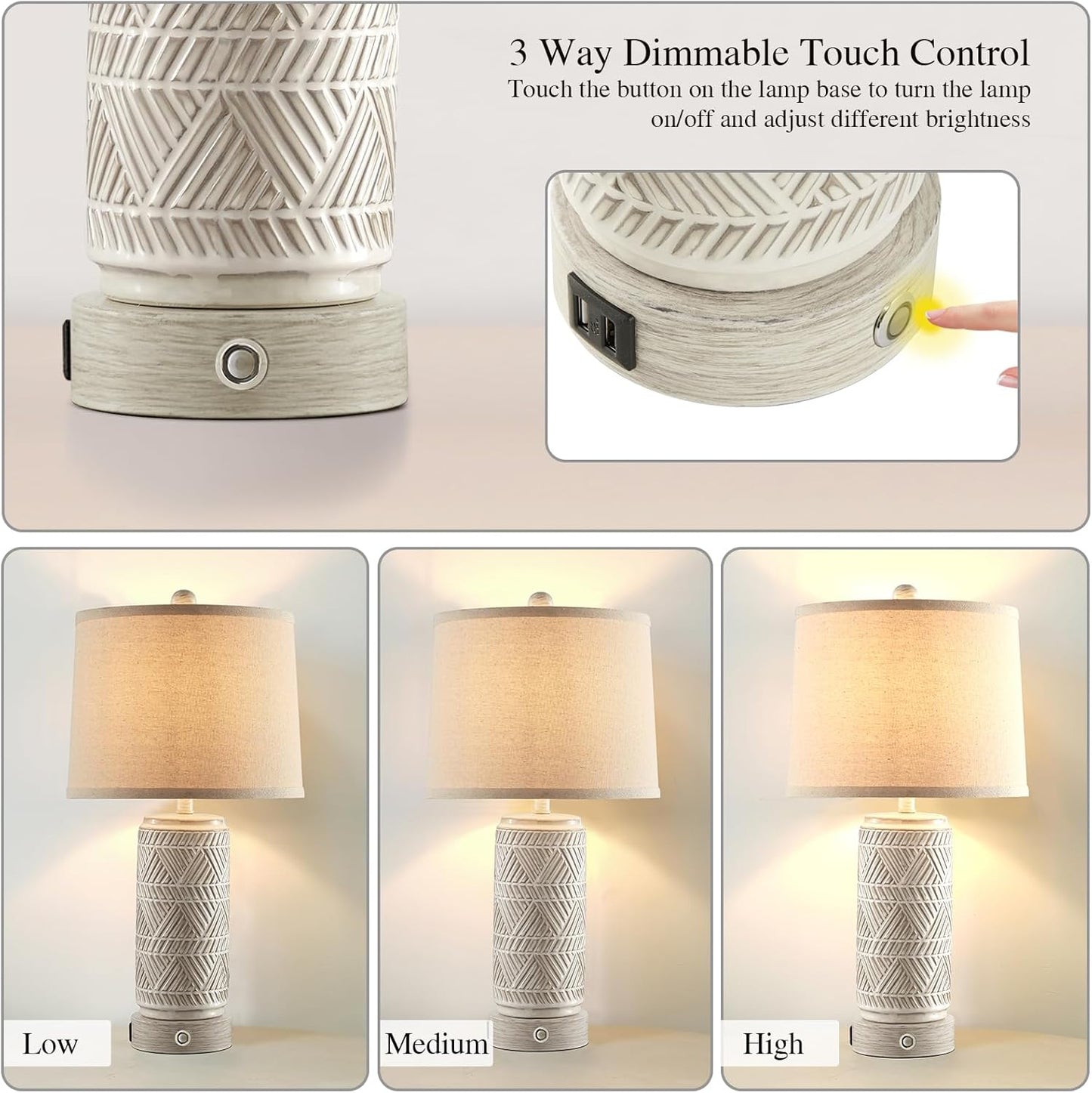 RORIA Set of 2 Rustic Touch Ceramic Table Lamps for Living Room, 3-Way Dimmable Nightstand Lamp with Dual USB Charging Ports, Linen Shade Bedside Bedroom Table Lamp, Bulbs Included