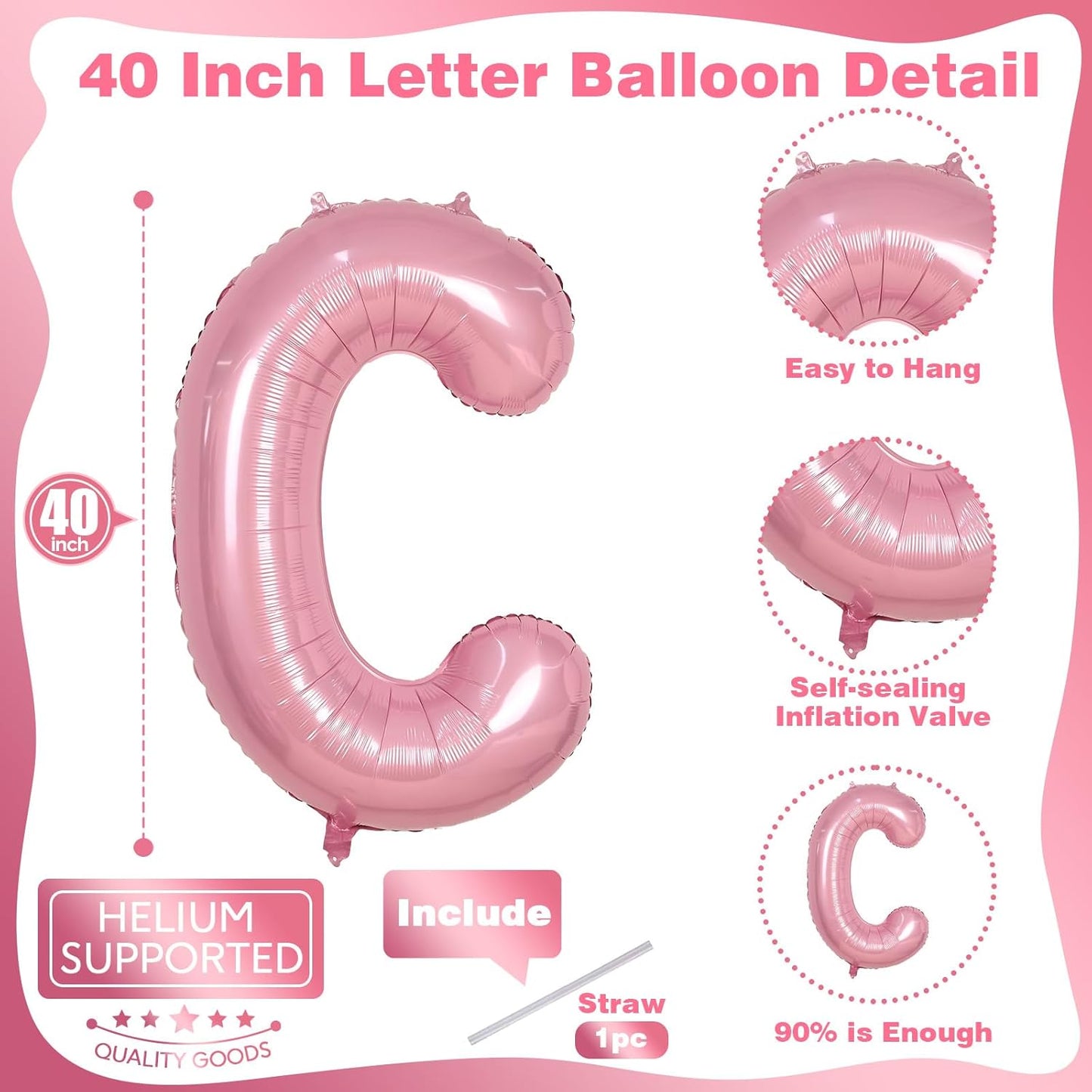 40 Inch Pink Letter Balloon C, Giant Alphabet A - Z Foil Balloon Baby Pink, Self Inflating Pearl Pink Letter Balloon C, Mylar Letter Customize Balloons for Girl Birthday Party Decoration Supplies