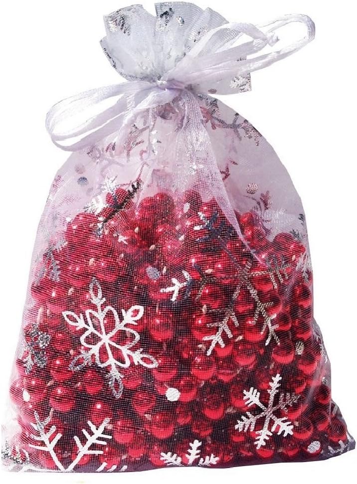 Wudygirl 100pcs 5X7 Inches Xmas Drawstring Organza Bag Snow White Pouches Party Wedding Favor Seashell Chocolates Bags (100pcs Snowflake 5x7) (Snowflake)