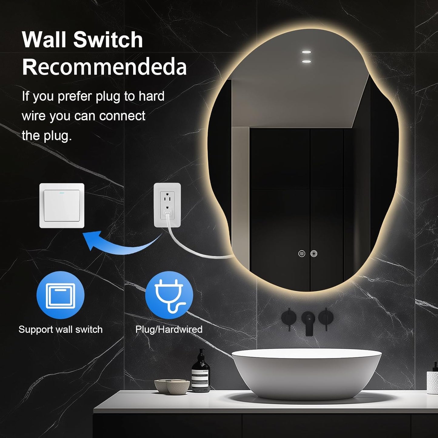 Asymmetrical LED Bathroom Mirror with Lights,Irregular Led Bathroom Vanity Mirror for Wall with Front and Backlit, Anti Fog, 3 Colors and Dimmable Light,[Horizontal/Vertical] 40" H x 30" W