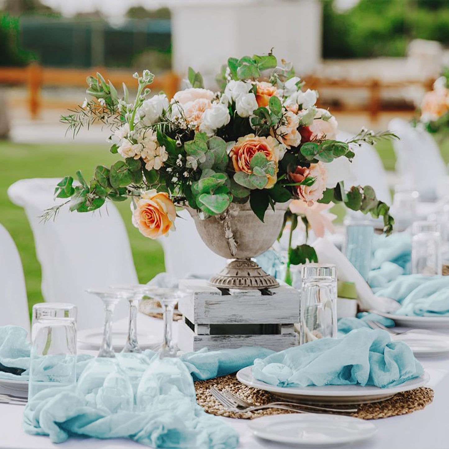 Hahuho Dusty Blue Cheesecloth Table Runner 10ft, Gauze Boho Rustic Table Runners for Wedding Birthday Party Baby Shower Decorations（6 Pack , 35x120 Inches）