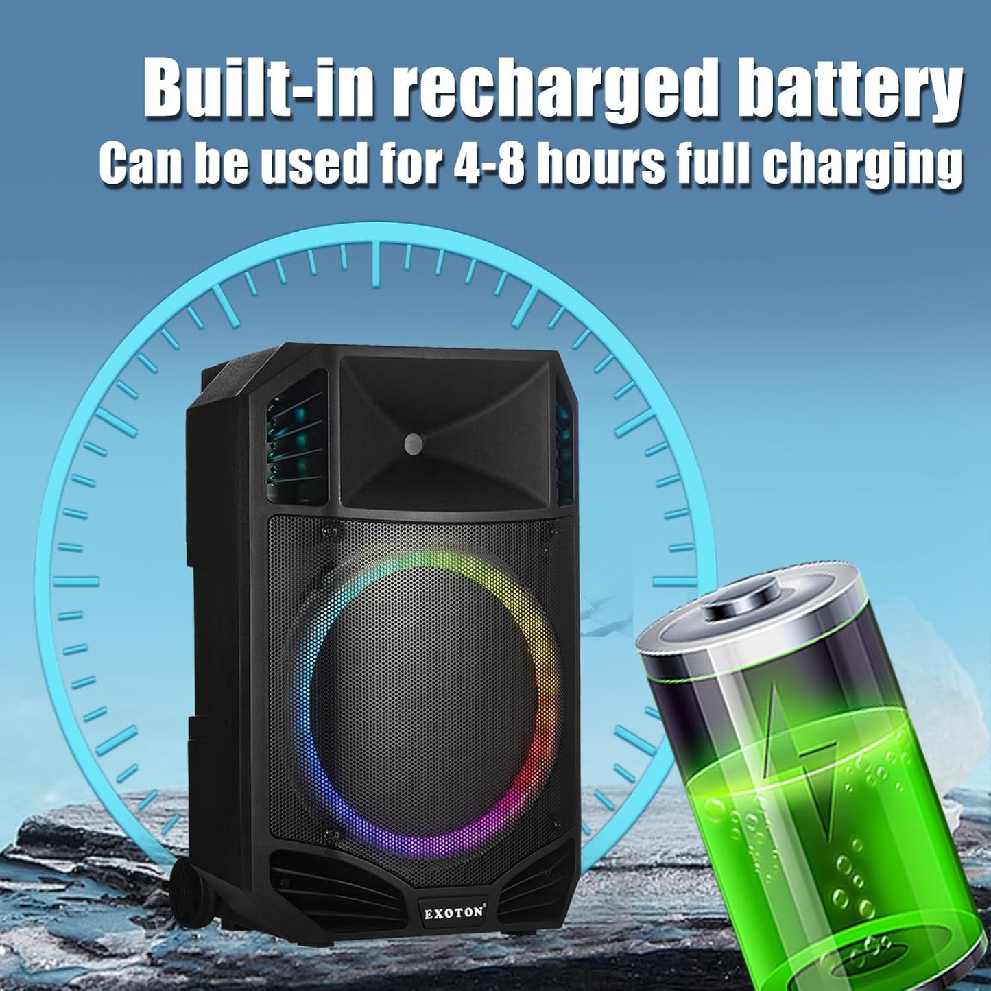 EXOTON S-1501 15 Inch Portable Rechargeable PA Speaker - 1600W, Bluetooth, TWS, USB/RCA, 2 UHF Mics, Remote, 7-Color Lights, DSP with 4 Scene Presets, 5-Band EQ