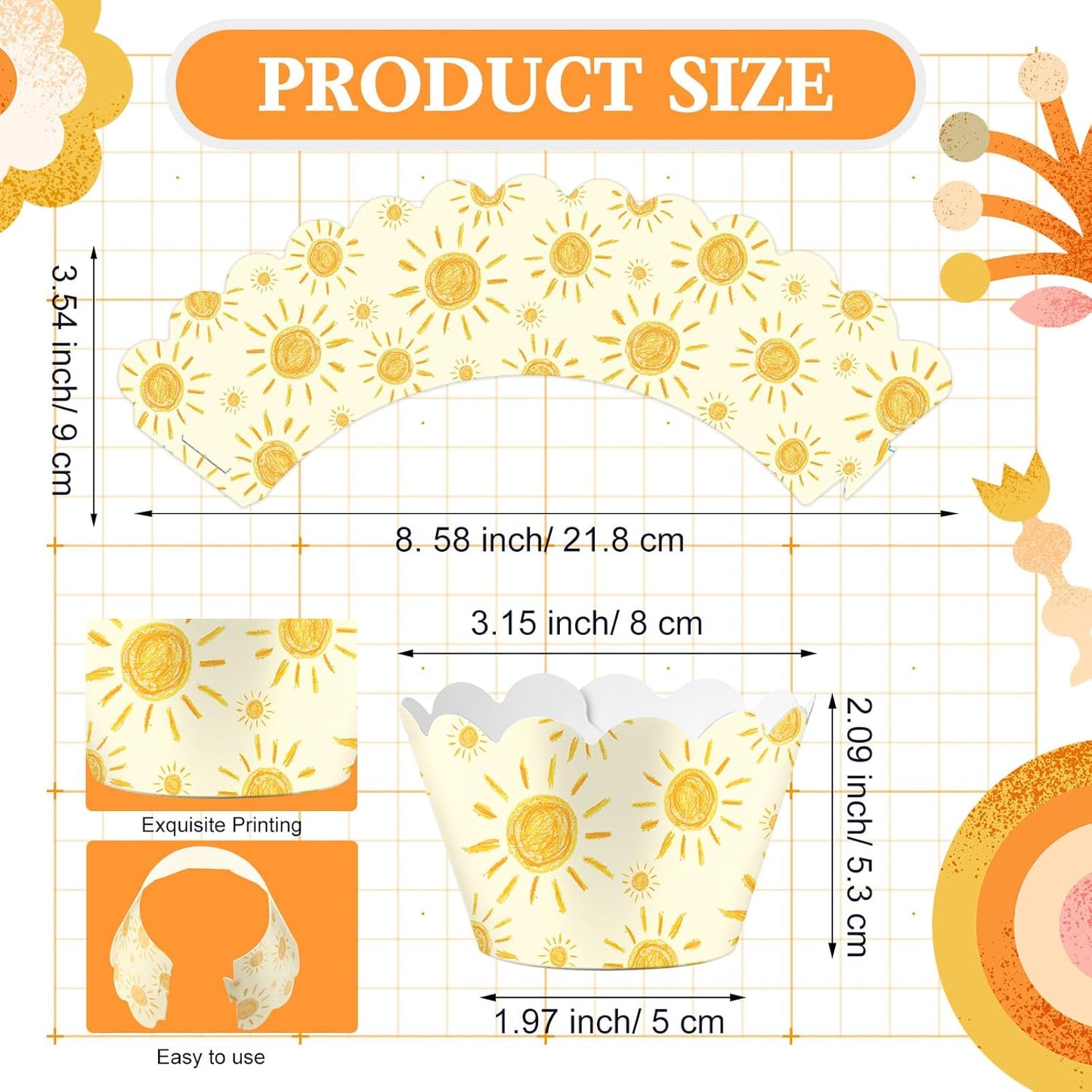 Domensi 100 Pcs Bohemian Sun Cupcake Wrappers Rustic Yellow Sunshine Cupcake Liners Baking Cups Baking Liners for Summer Picnic Wedding Bridal Baby Shower Birthday Party Supplies Dessert Decoration