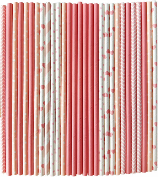 YAOSHENG [100 Pack] Pink & Gold Paper Straws Disposable, 100% Biodegradable Multi-Pattern Party Straws For Birthday, Wedding and Holiday Decoration (Deep Powder Series)
